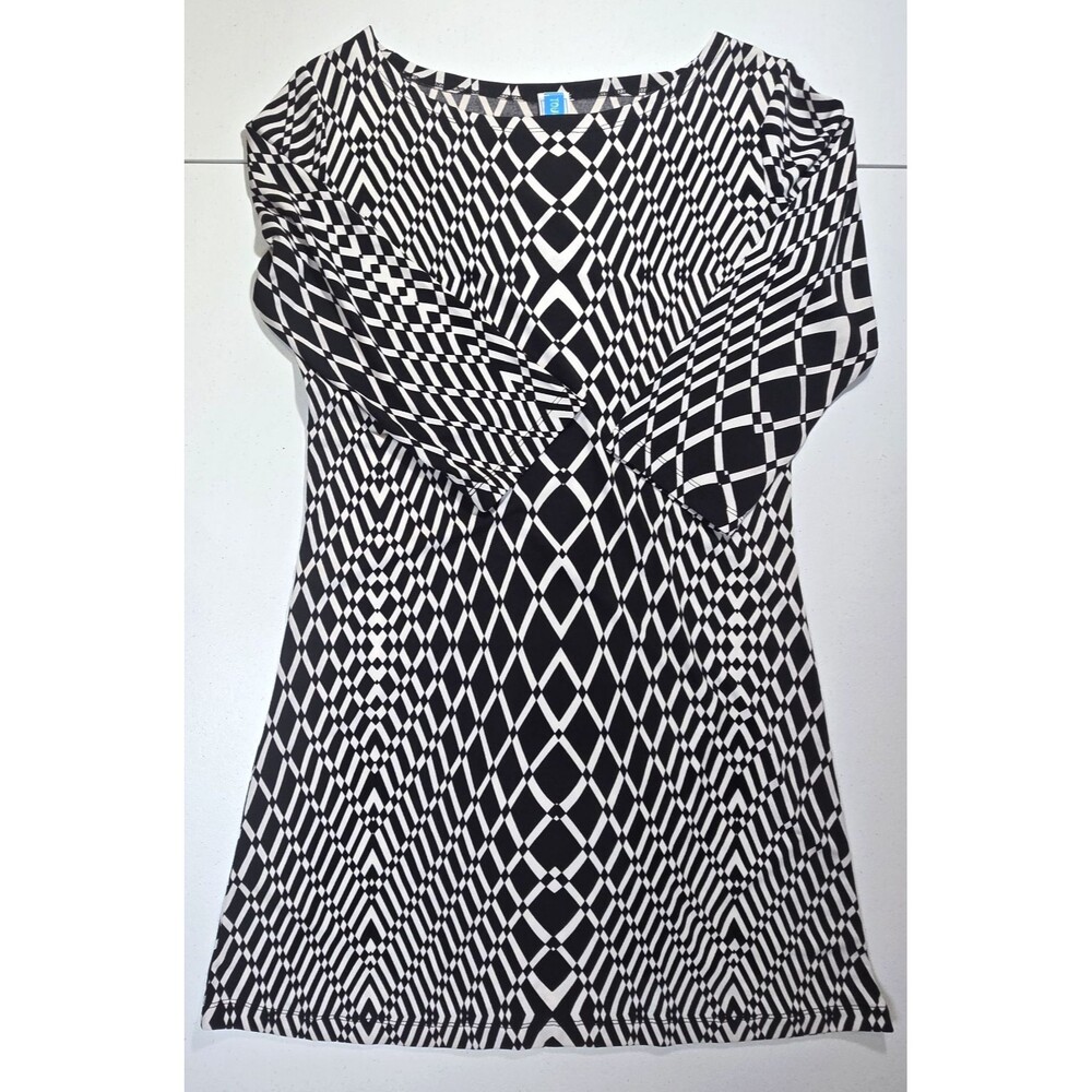 Touch Express Womens Geometric Print Black and White Midi Dress Size M 3/4 Sleev
